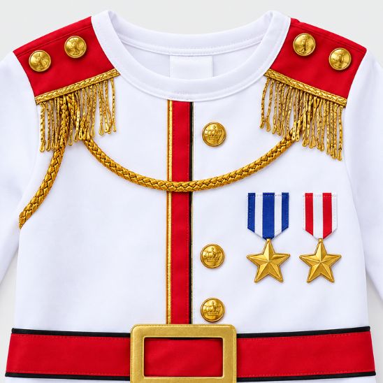 Détail des épaulettes dorées et médailles du costume de prince