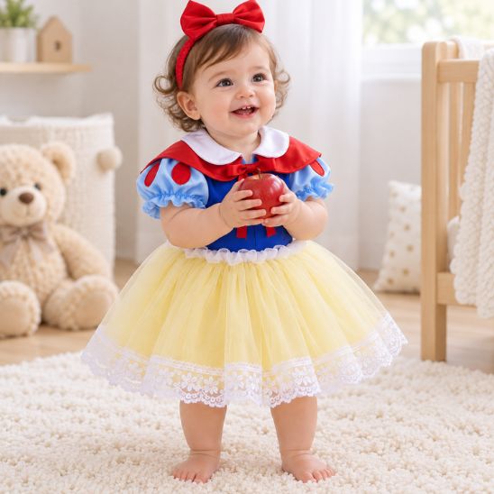 Déguisement princesse 2 ans porté par bébé debout avec une pomme