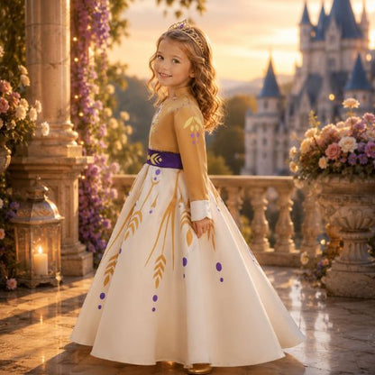 Déguisement princesse fille avec couronne assortie, vue de profil devant un château