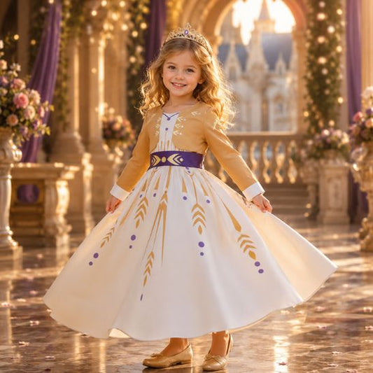 Fillette souriante en déguisement princesse fille devant un château