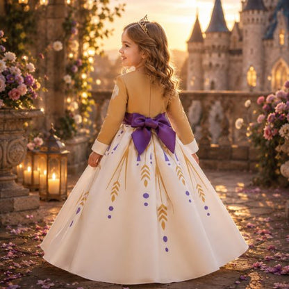 Déguisement princesse fille vu de dos avec grand nœud violet, décor château