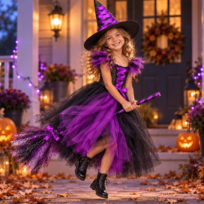Petite sorcière qui fait tourner sa robe de tulle en lançant un sort avec son balai magique
