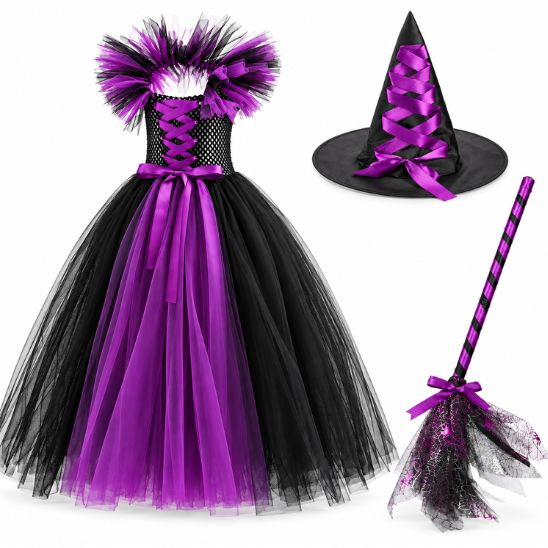 Déguisement sorcière enfant complet : robe longue en tulle violet et noir, chapeau pointu à ruban et balai