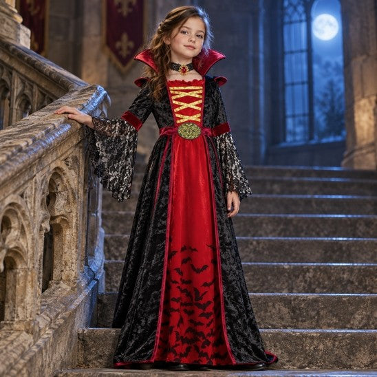 Fille en déguisement vampire sur l'escalier en pierre d'un château