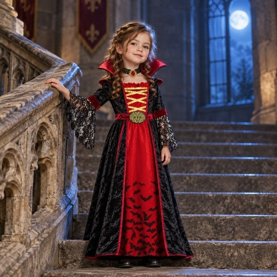 Petite fille en robe de vampire sur un escalier de château au clair de lune