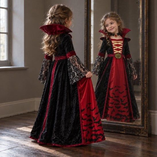 Fille qui admire son déguisement vampire dans un grand miroir ancien