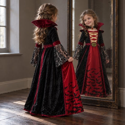 Fille qui admire son déguisement vampire dans un grand miroir ancien