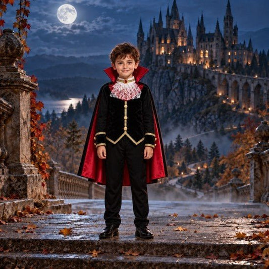Garçon en déguisement vampire Comte devant un château au clair de lune