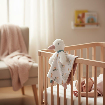 Doudou apaisant placé dans un lit bébé, ambiance nuit sereine – Spot Bébé