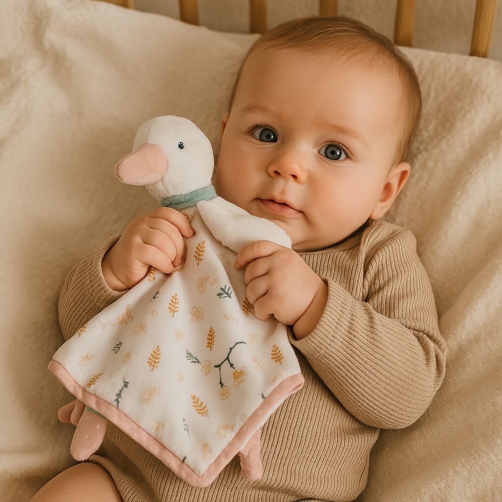 Bébé apaisé serrant son doudou oie dans les bras, ambiance douce et naturelle – Spot Bébé