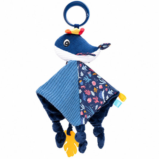Doudou baleine Capitaine bleu marine avec chapeau coloré, velours côtelé, tissu fonds marins et anneau d'accroche