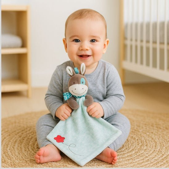 Doudou bébé âne vert d’eau – détail des oreilles