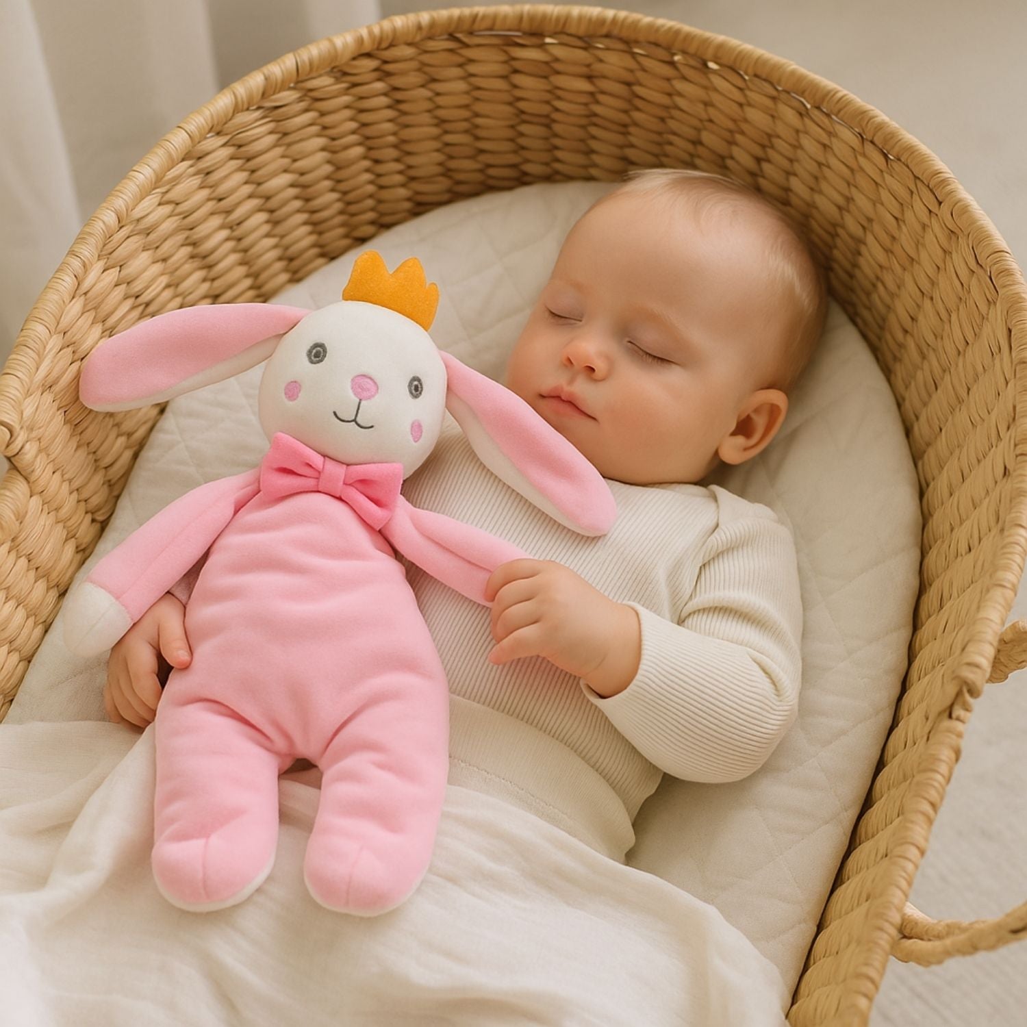 Doudou bébé lapin rose en peluche douce pour le sommeil