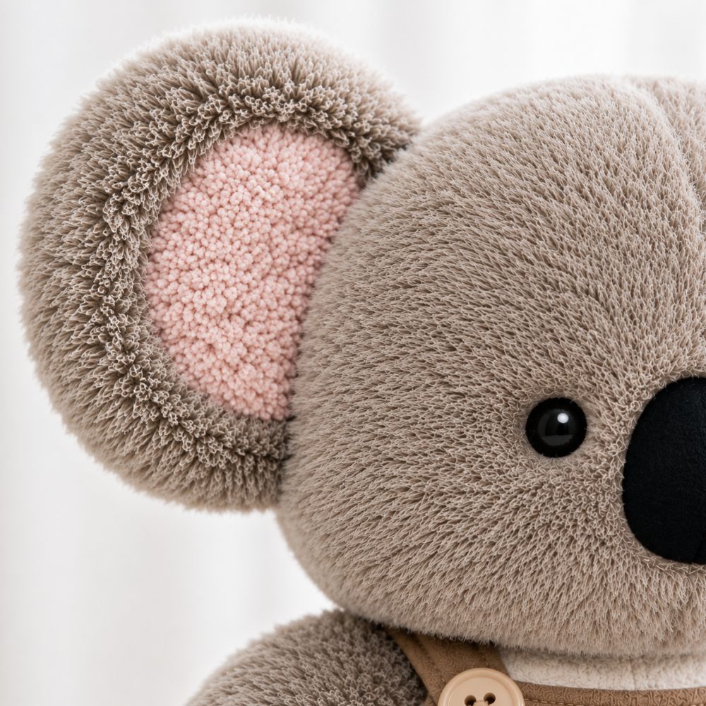 Gros plan sur la texture douce de l'oreille du doudou koala