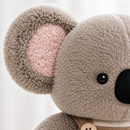 Gros plan sur la texture douce de l'oreille du doudou koala