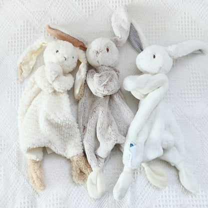 Doudou bébé lapin câlin blanc avec coutures renforcées