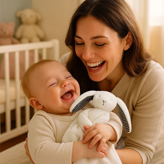 Doudou bébé lapin câlin blanc avec coutures renforcées