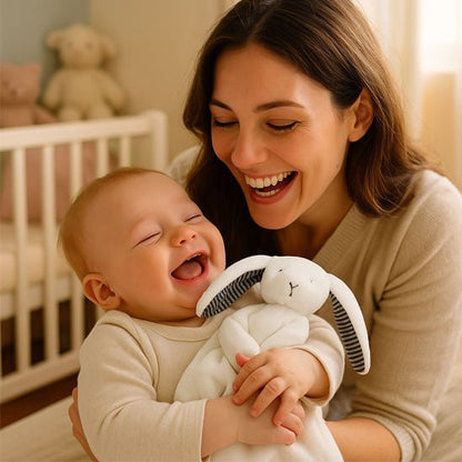 Doudou bébé lapin câlin blanc avec coutures renforcées