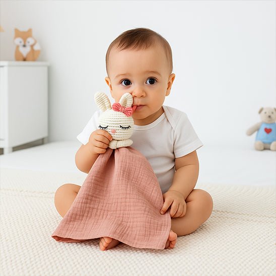 Doudou bébé lapin crème lange rose en crochet