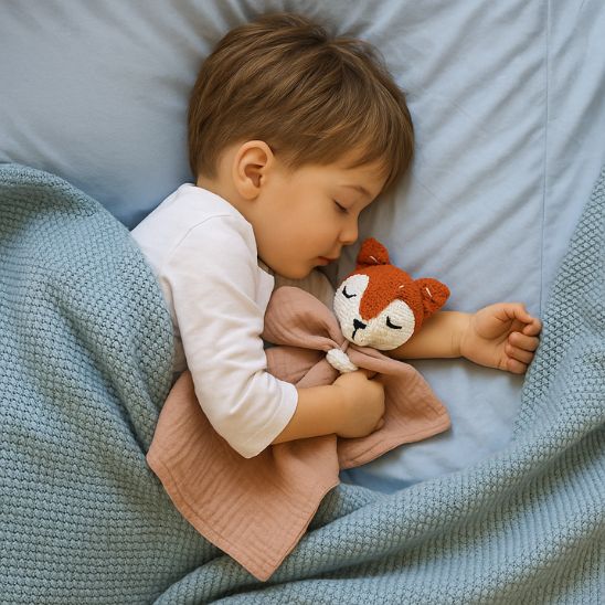 Doudou crochet lapin/renard dans un berceau, compagnon apaisant