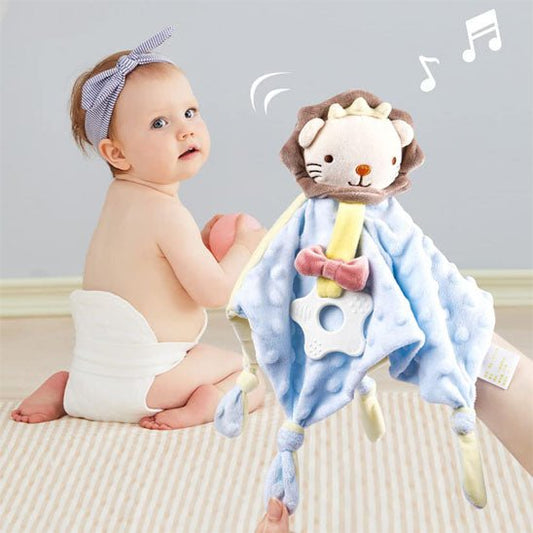 Doudou bébé - Peluche câline lion bleu avec anneau de dentition