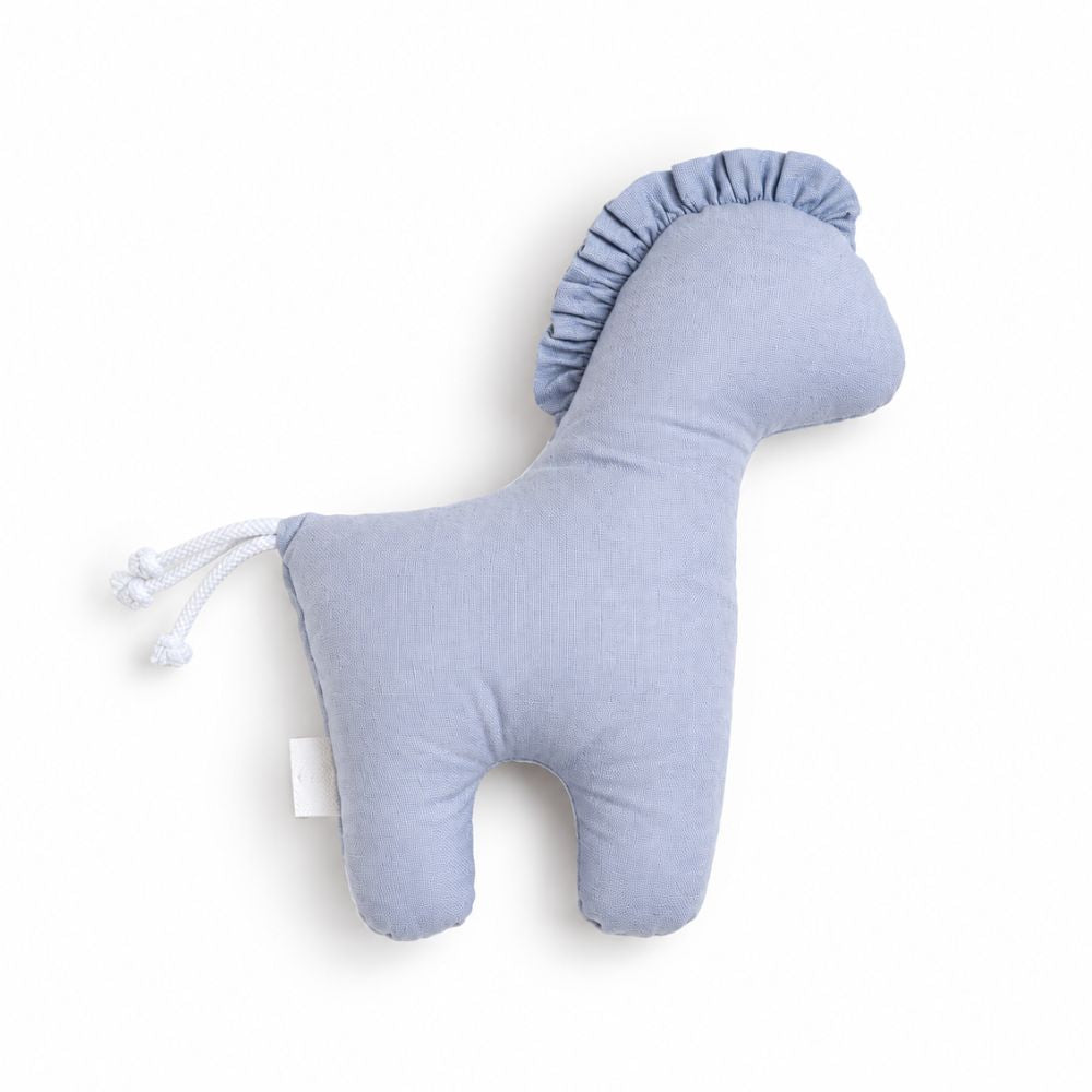Doudou cheval bébé en coton bleu uni, vue de profil