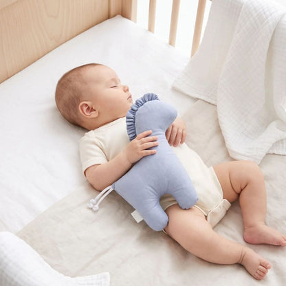 Bébé endormi dans son berceau avec son doudou cheval bleu