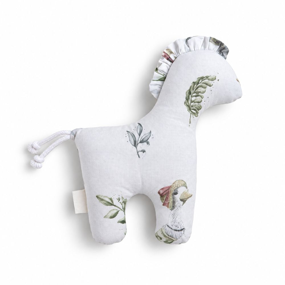 Doudou cheval bébé coloris forêt fleuri avec motif oiseau et feuillage