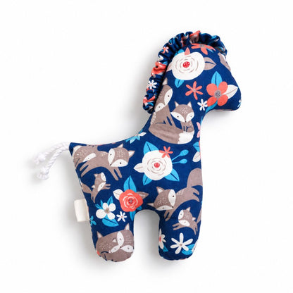 Doudou cheval bébé coloris marine fleuri avec motif renards et fleurs