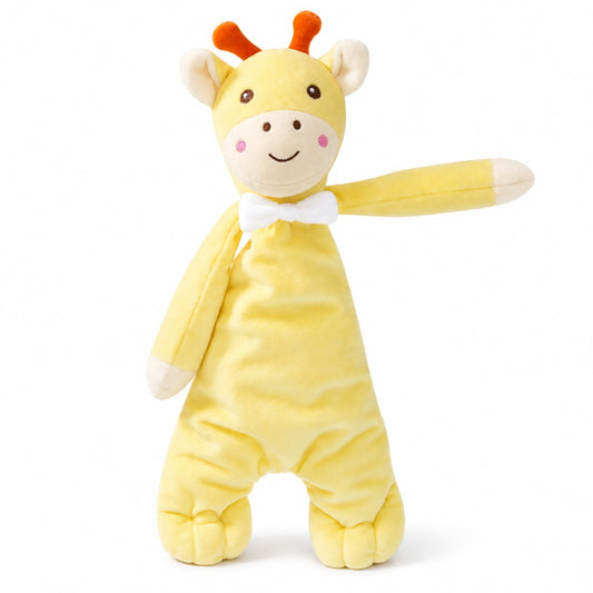 Doudou girafe Tournesol en velours jaune, cornes orange et nœud papillon blanc