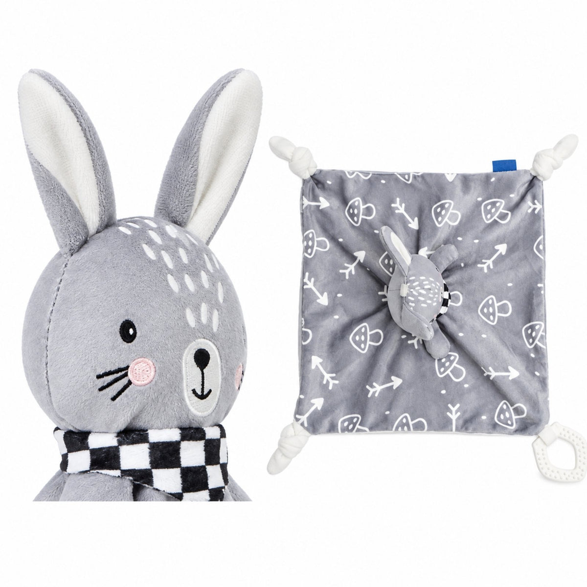 Détail de la tête brodée du doudou hochet lapin et vue du doudou plat à plat