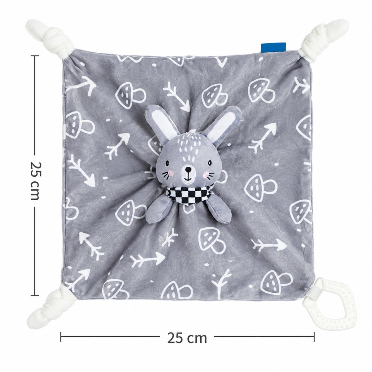 Dimensions du doudou hochet lapin déplié : 25 x 25 cm, coins noués et anneau de dentition
