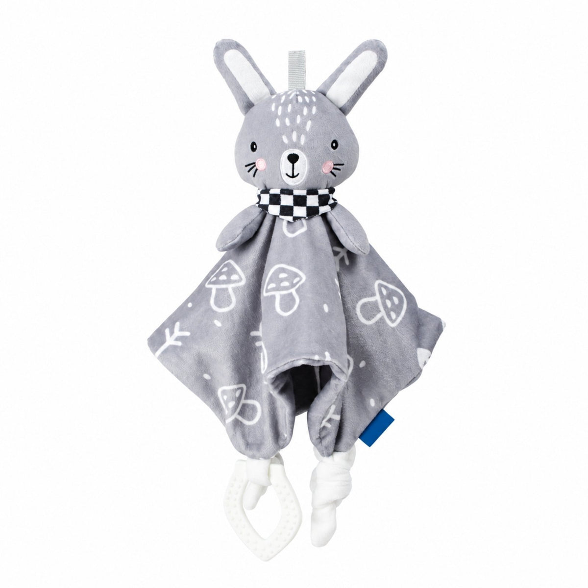 Doudou hochet lapin gris Girolle avec foulard à damier, champignons dessinés et anneau de dentition