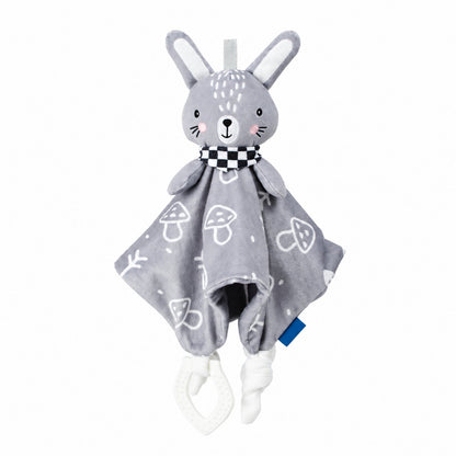 Doudou hochet lapin gris Girolle avec foulard à damier, champignons dessinés et anneau de dentition