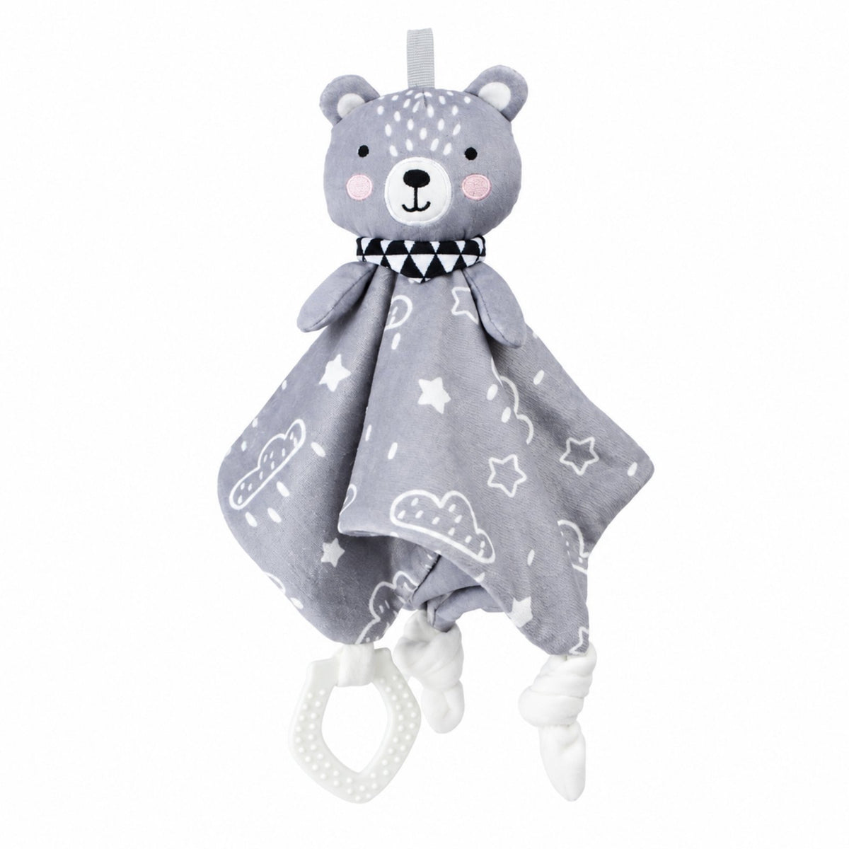 Doudou hochet ourson gris Flocon avec foulard à triangles, nuages, étoiles et anneau de dentition