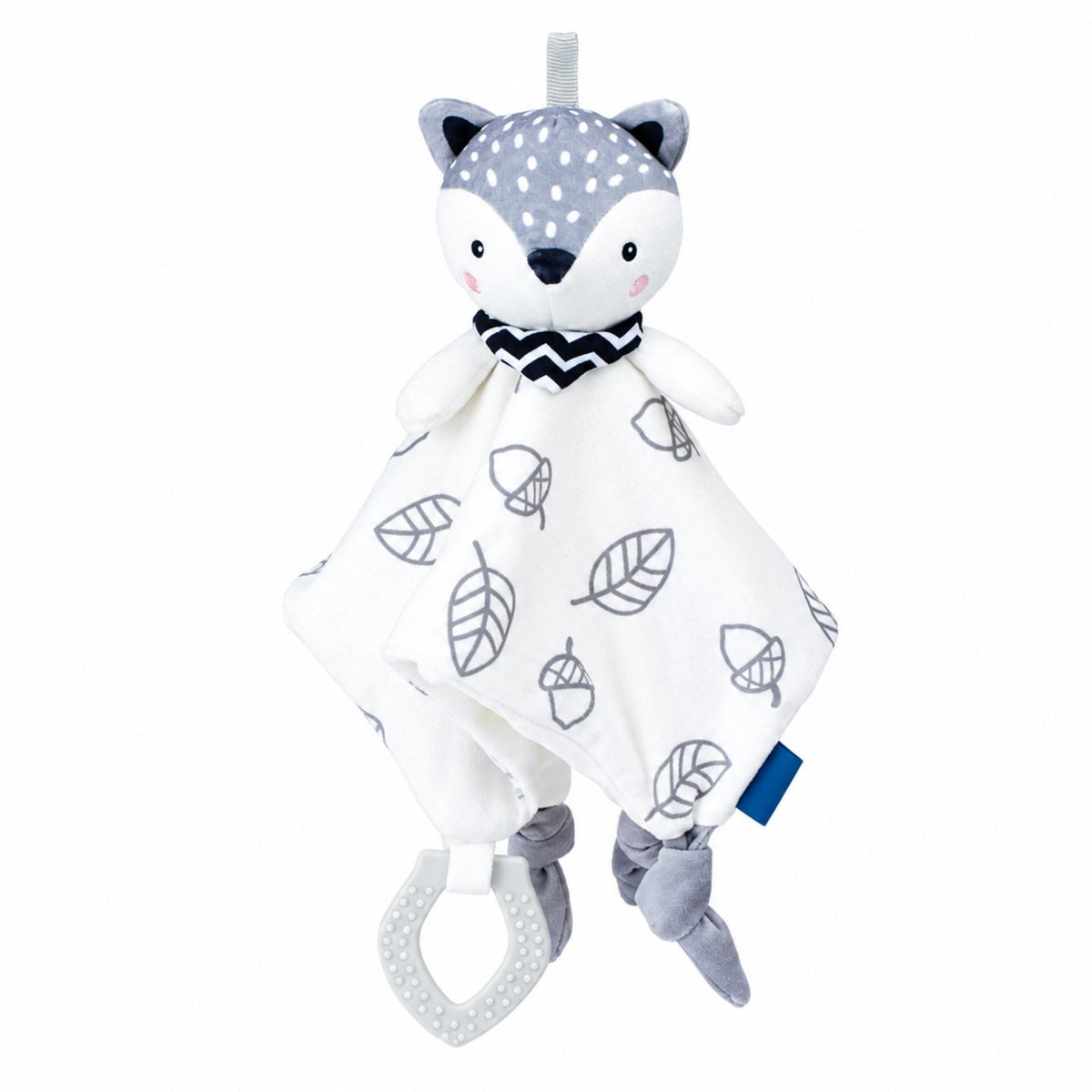 Doudou hochet renard blanc Châtaigne avec foulard en zigzag, feuilles grises et anneau de dentition