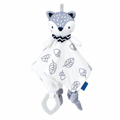 Doudou hochet renard blanc Châtaigne avec foulard en zigzag, feuilles grises et anneau de dentition