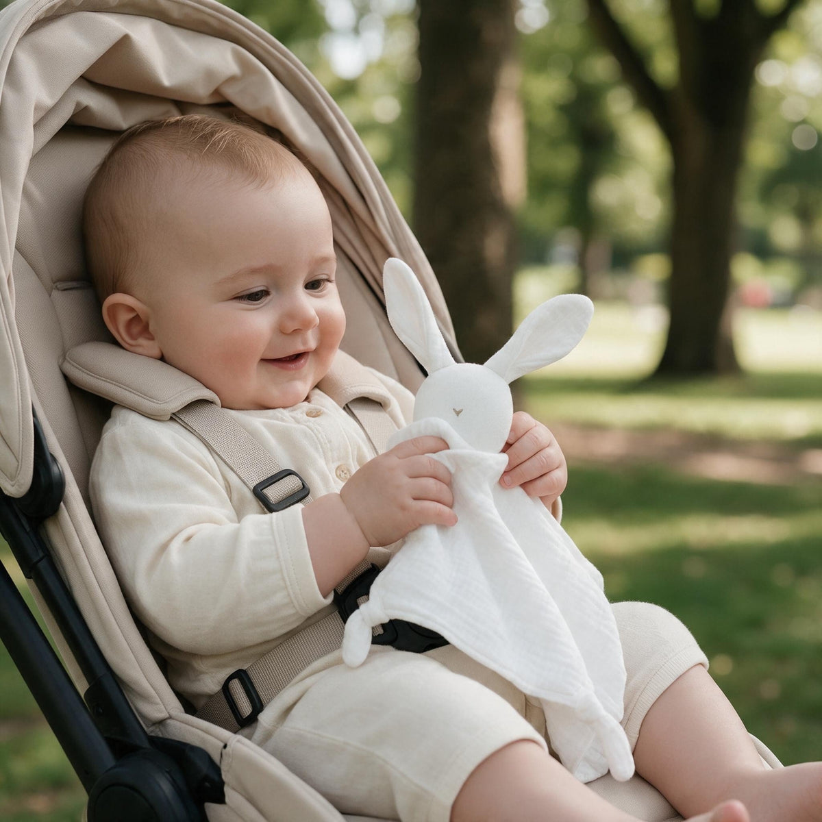 Bébé souriant dans sa poussette avec son doudou lange lapin blanc