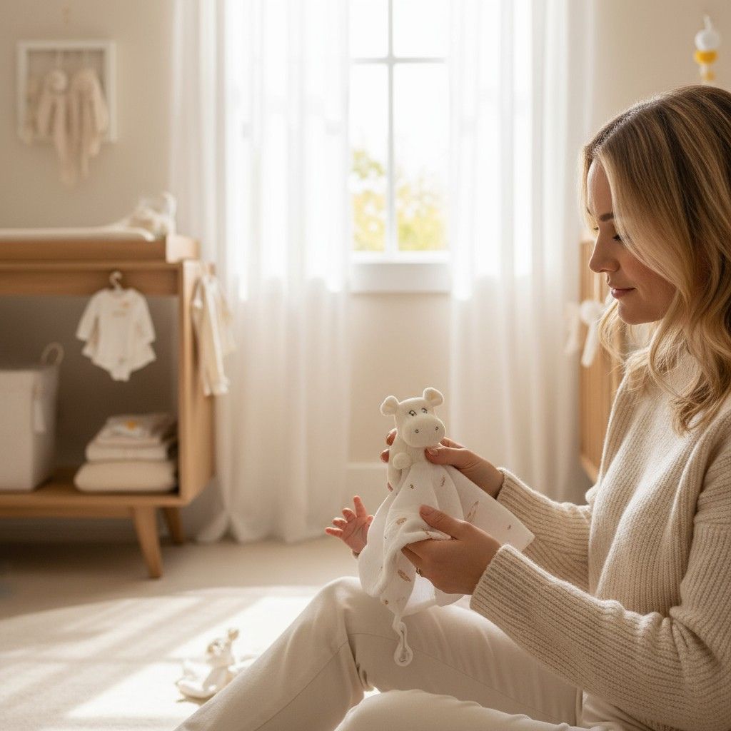 Bébé tenant le doudou lion ultra-doux en mousseline de coton, ambiance cocooning – Spot Bébé