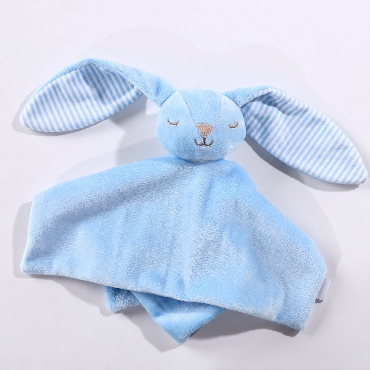 Doudou lapin bébé bleu en velours aux oreilles rayées
