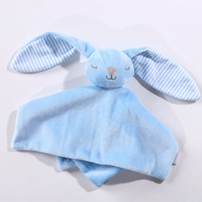 Doudou lapin bébé bleu en velours aux oreilles rayées