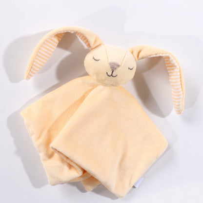 Doudou lapin bébé jaune en velours aux oreilles rayées