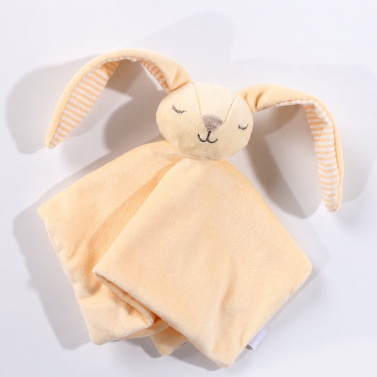 Doudou lapin bébé jaune en velours aux oreilles rayées