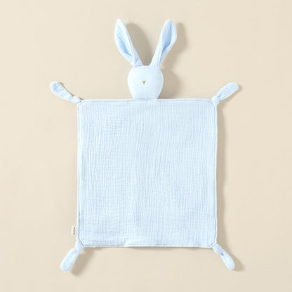 Doudou lapin bleu ciel en gaze de coton, nez brodé doré