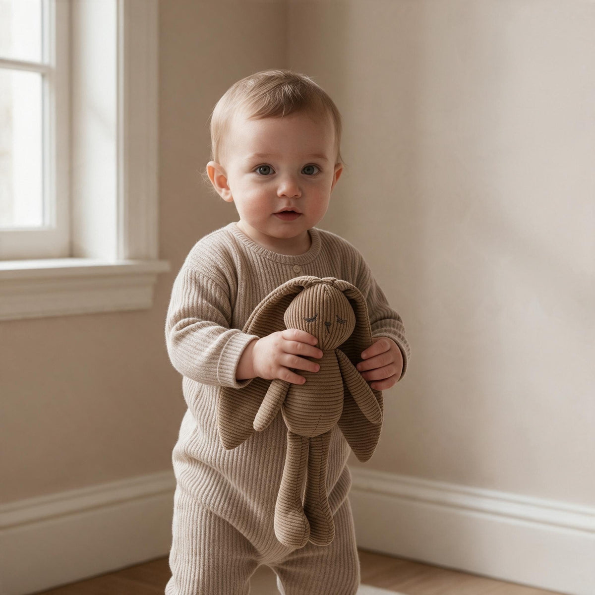 Bébé debout tenant son doudou lapin en velours côtelé noisette