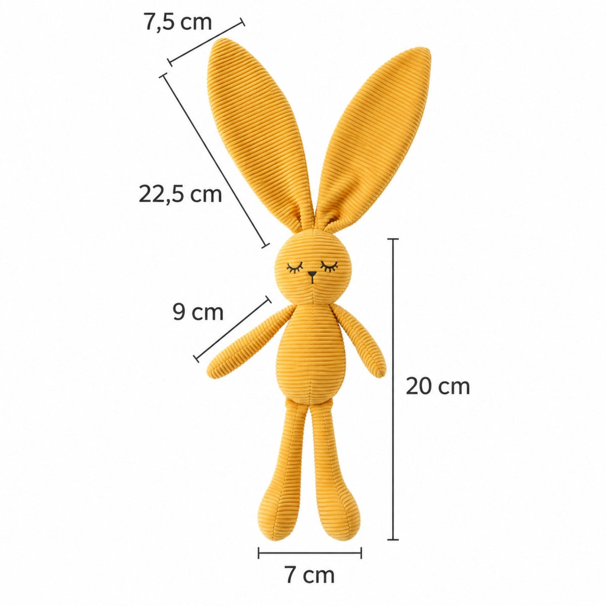 Dimensions du doudou lapin en velours côtelé : corps 20 cm, oreilles 22,5 cm