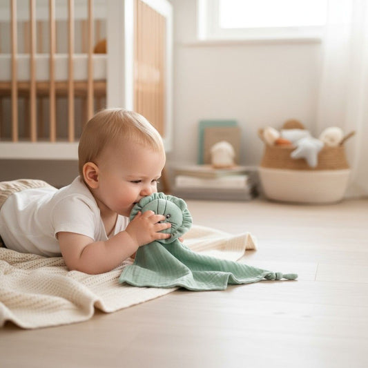 Doudou lion en mousseline de coton vert sauge, compagnon apaisant pour bébé – Spot Bébé