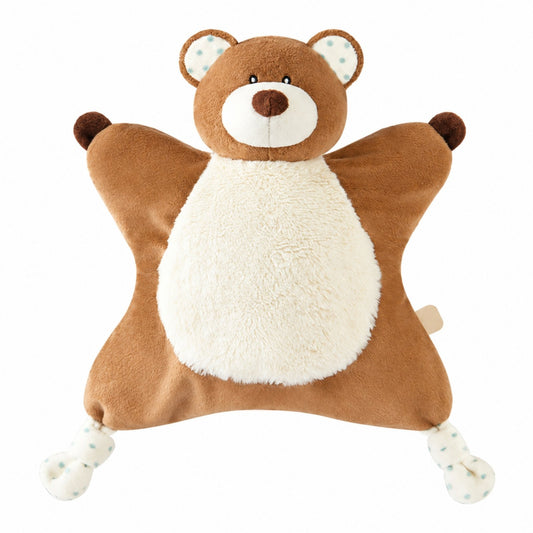 Doudou marionnette Coucou, ourson brun au ventre bouclette et oreilles à pois