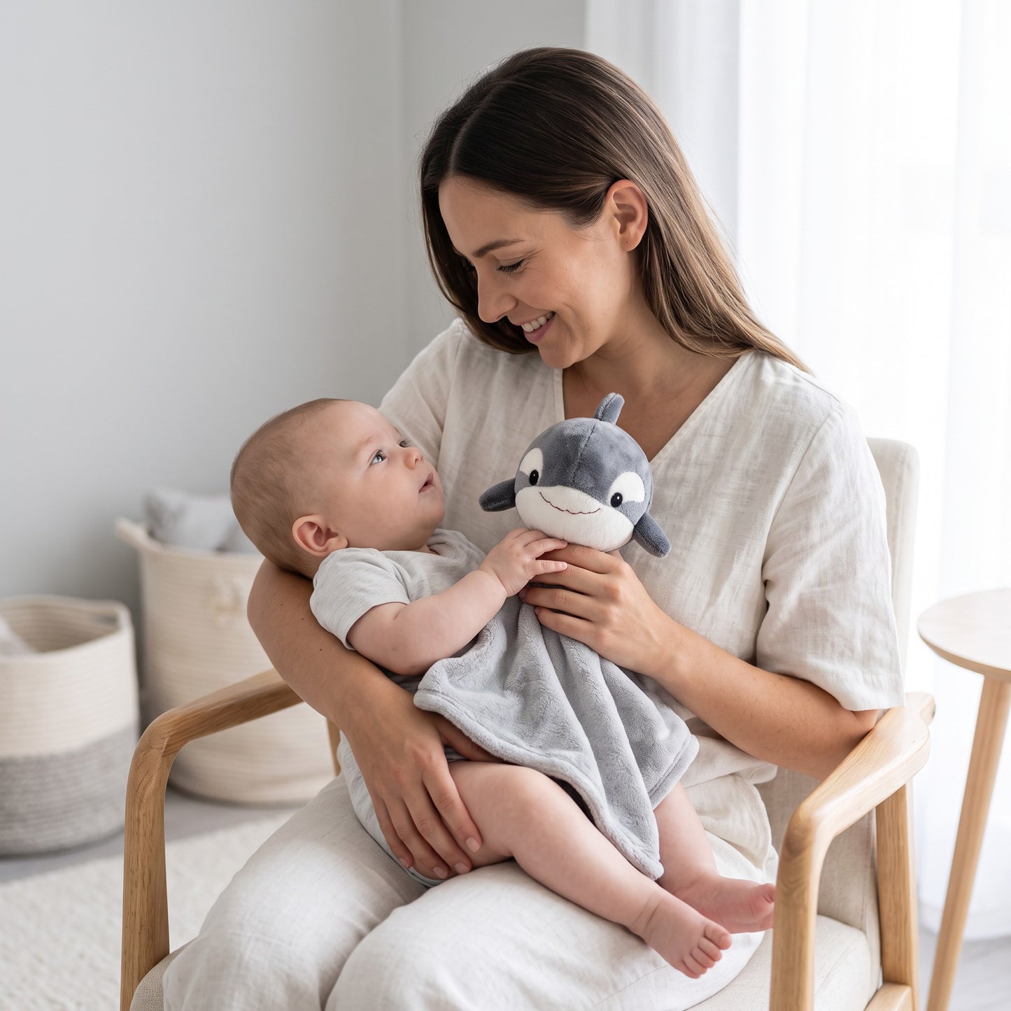 Bébé souriant tenant son doudou orque devant sa maman