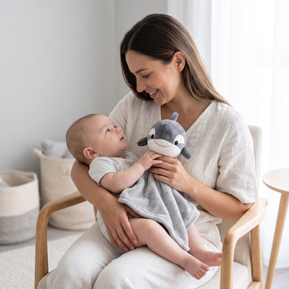 Bébé souriant tenant son doudou orque devant sa maman